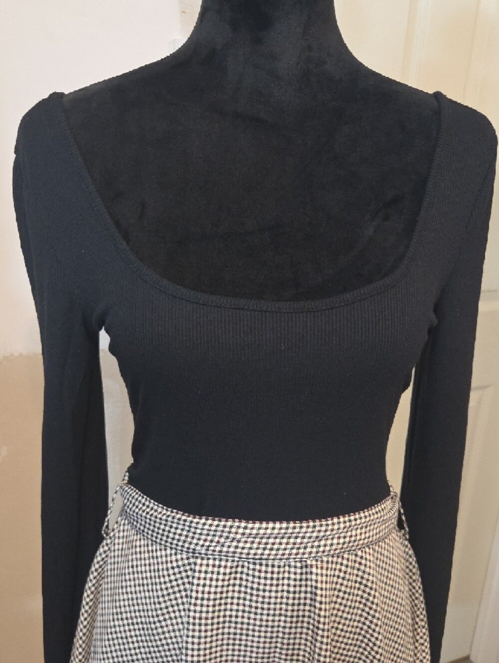 Black & White Gingham Circle Skirt Skater Dress Mini Jersey Bodice Long Sleeve - Picture 2 of 13